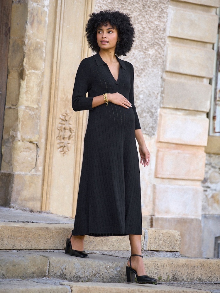 Seraphine Black Maternity Pointelle Knit Dress
